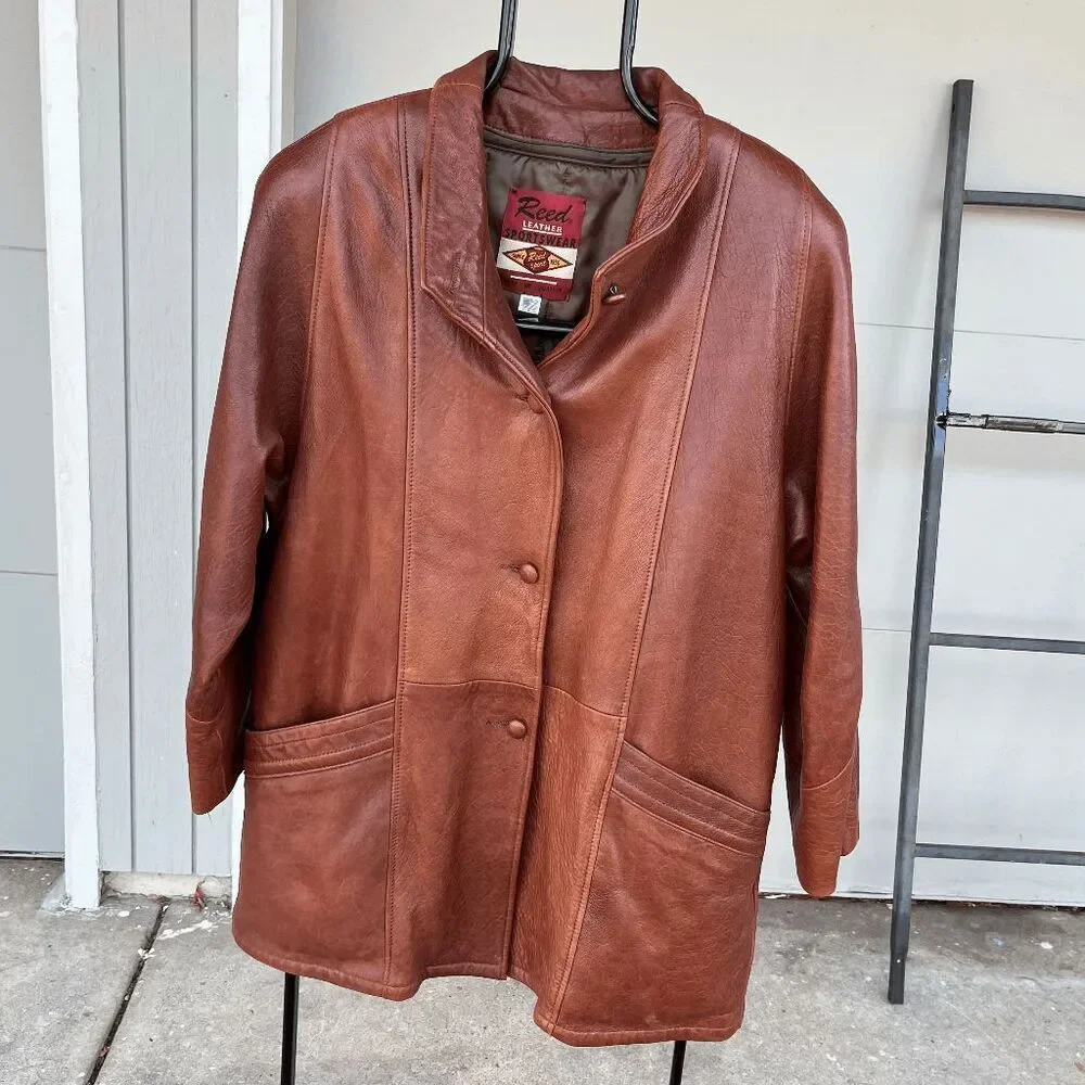 Vintage 70s Reed Sportswear Cognac Leather Coat L–XXL Western Rodeo Boho USA
